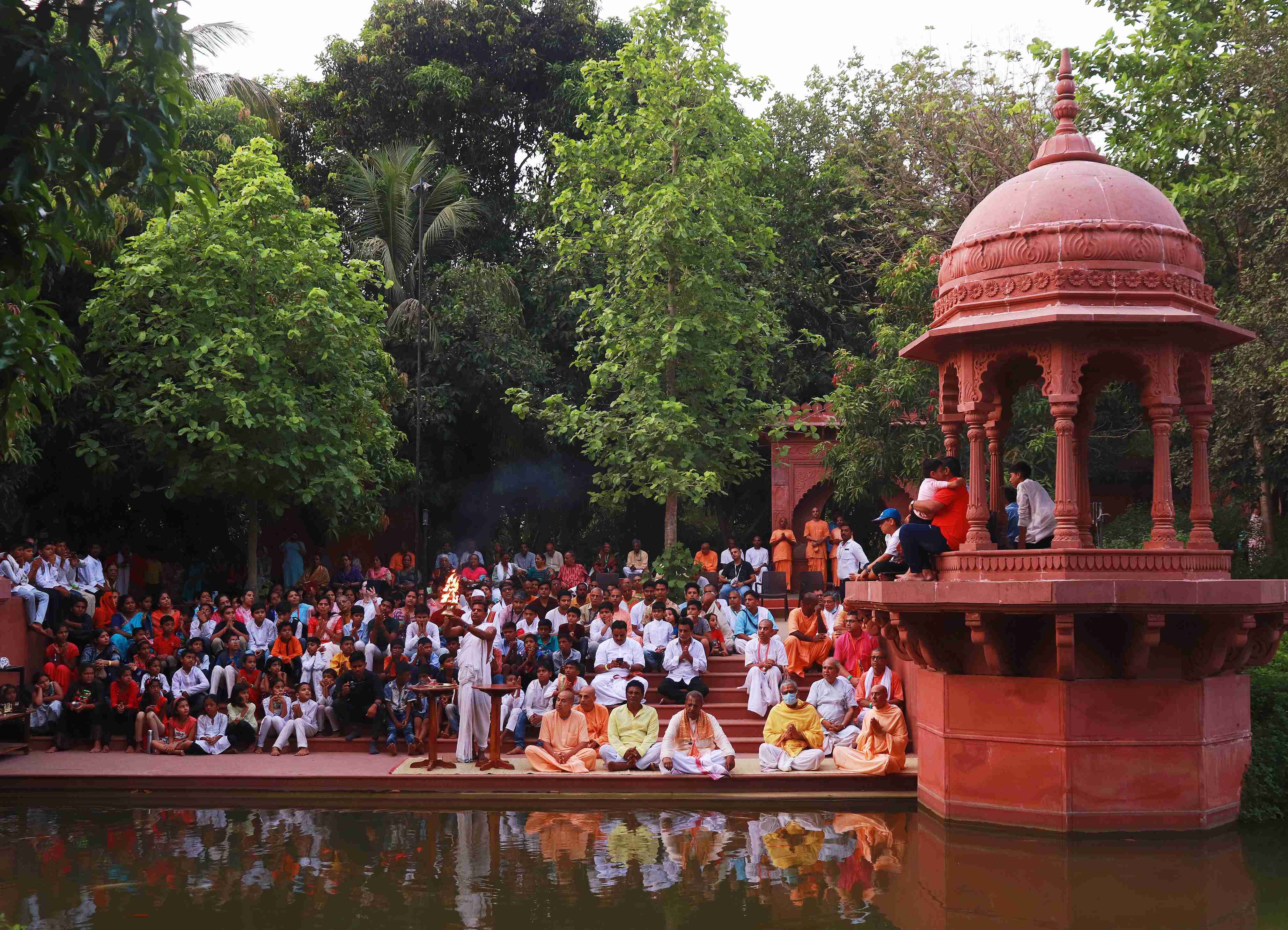 The lakeside pavilion at Govardhan Eco Village